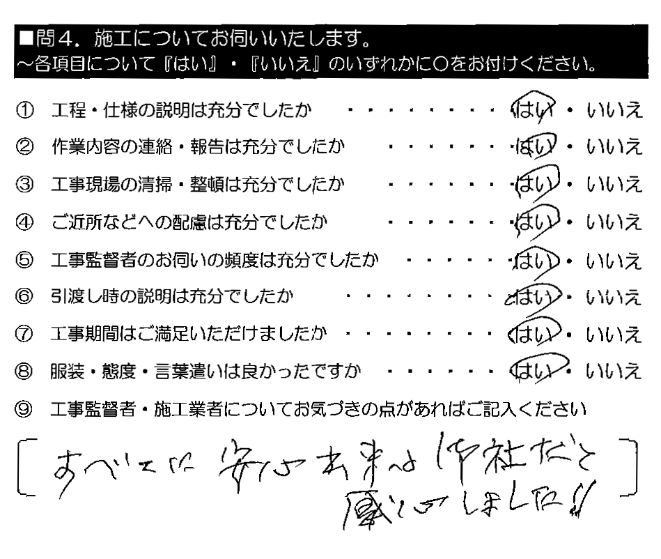 すべてに安心出来る御社だと感心しました！！