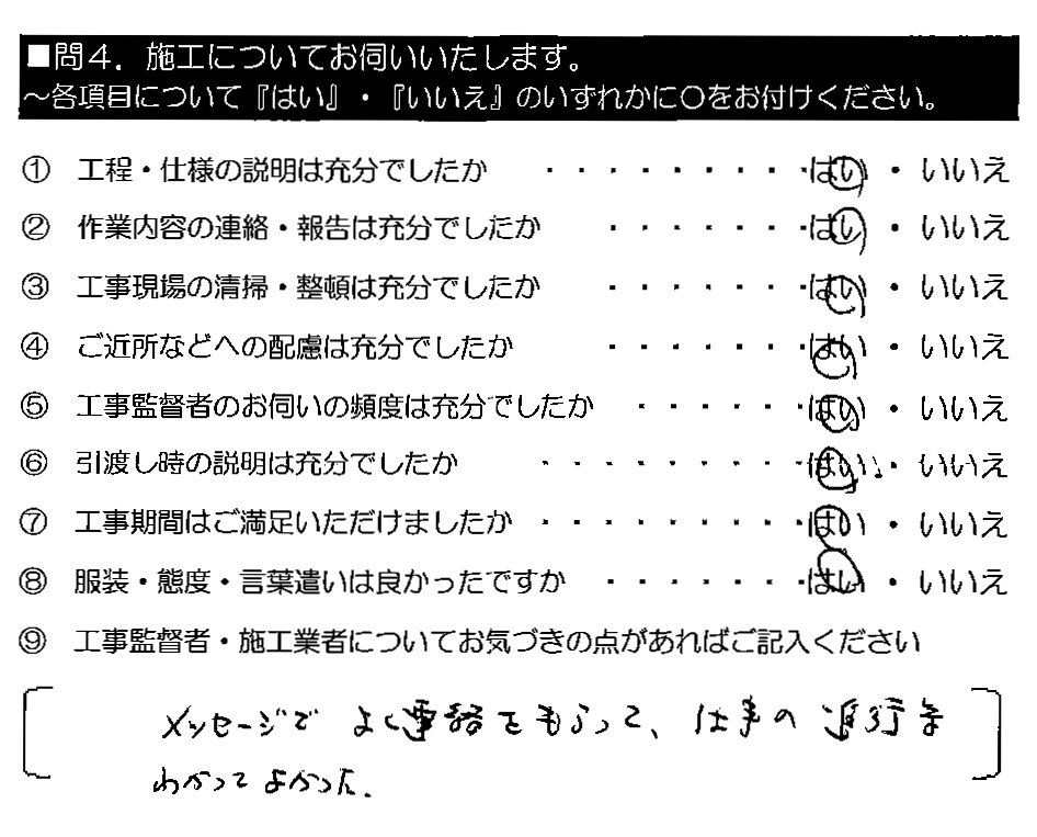 メッセージでよく連絡をもらって、仕事の進行等わかってよかった。