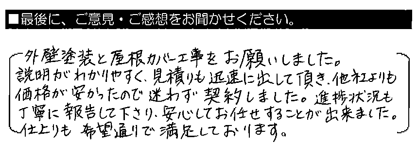 外壁塗装と屋根カバー工事をお願いしました。説明がわかりやすく、見積りも迅速に出して頂き、他社よりも価格が安かったので迷わず契約しました。進捗状況も丁寧に報告して下さり、安心してお任せすることが出来ました。仕上がりも希望通りで満足しております。