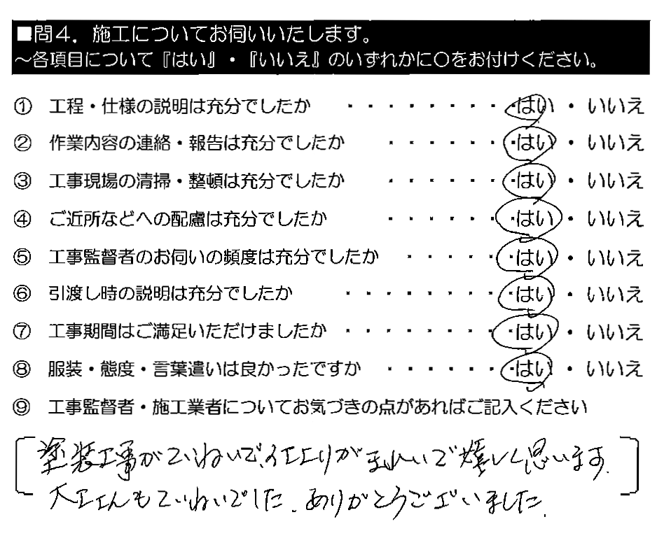 塗装工事がていねいで、仕上がりがきれいで嬉しく思います。大工さんもていねいでした。ありがとうございました。