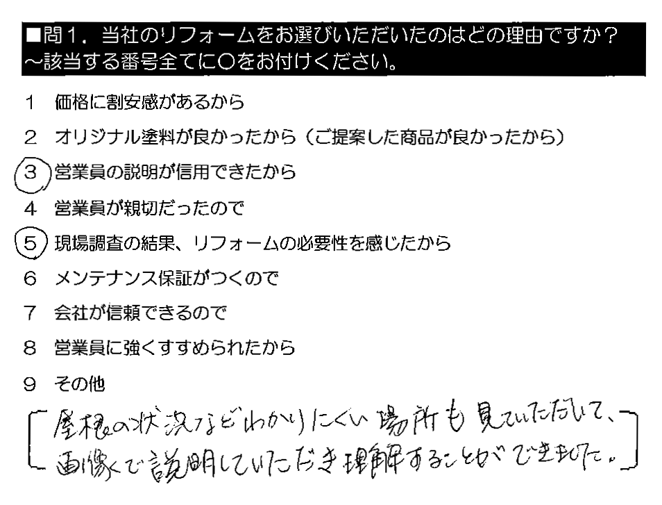 屋根の状況などわかりにくい場所も見ていただいて、画像で説明していただき理解することができました。