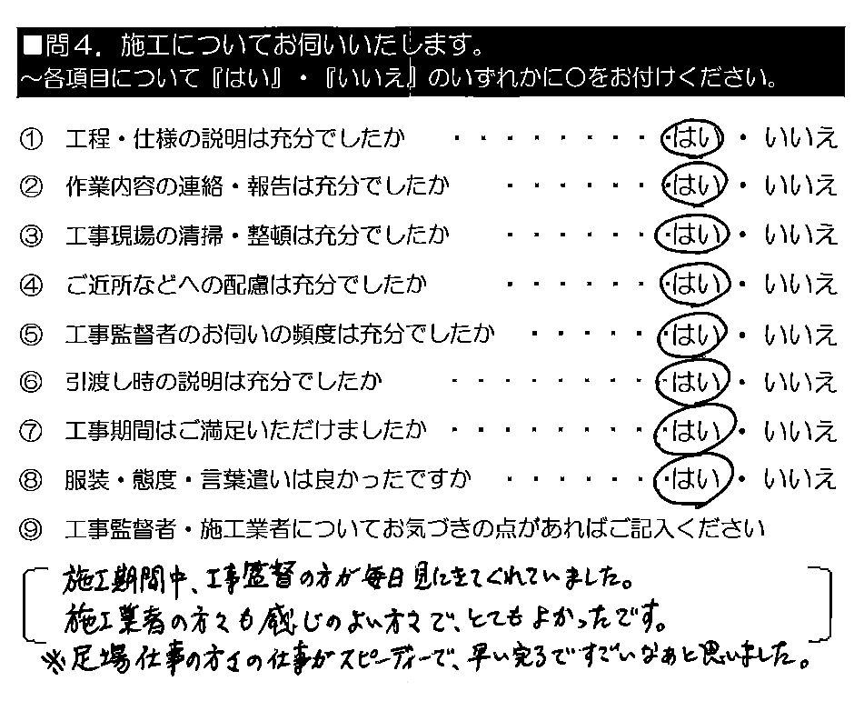 施工期間中、工事監督の方が毎日見にきてくれていました。施工業者の方々も感じのよい方々で、とてもよかったです。※足場仕事の方々の仕事がスピーディーで、早い完了ですごいなぁと思いました。