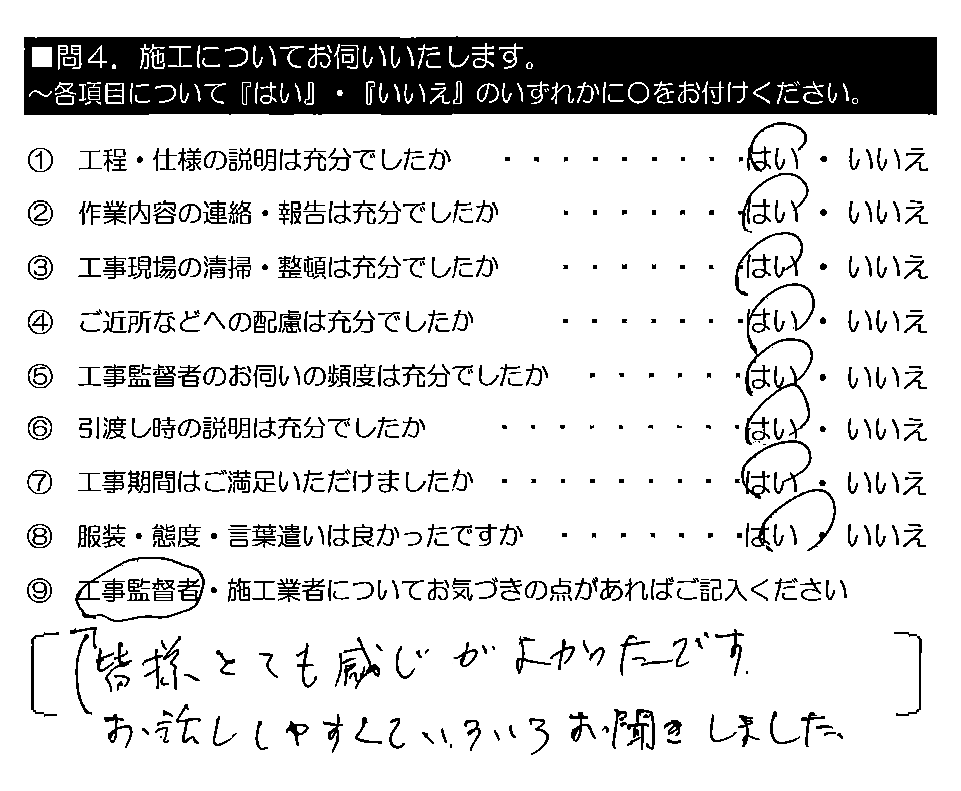 皆様とても感じがよかったです。お話ししやすくて、いろいろお聞きしました。