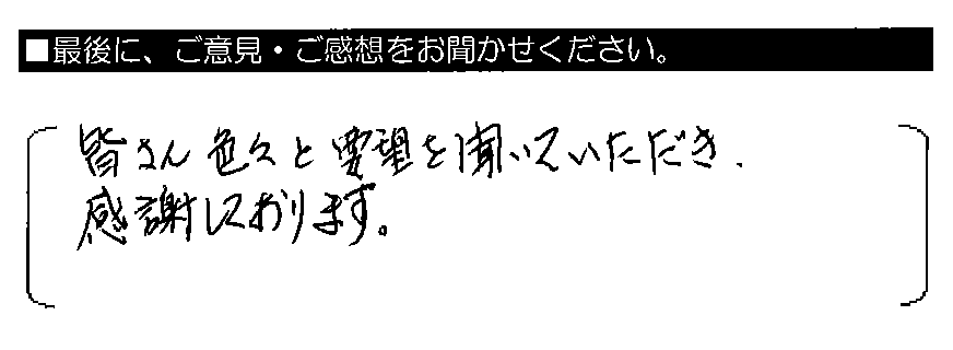 皆さん色々と要望を聞いていただき、感謝しております。