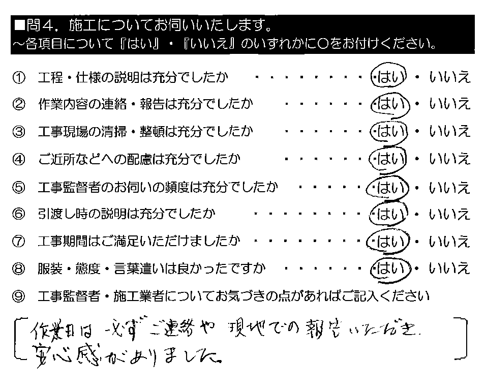 作業日は必ずご連絡や現地での報告いただき、安心感がありました。