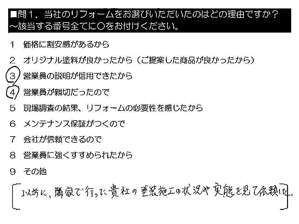 以前に、隣家で行った貴社の塗装施工の状況や実態を見て依頼した。