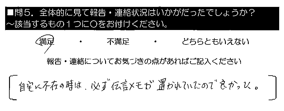 自宅に不在の時は、必ず伝言メモが置かれていたので良かった。