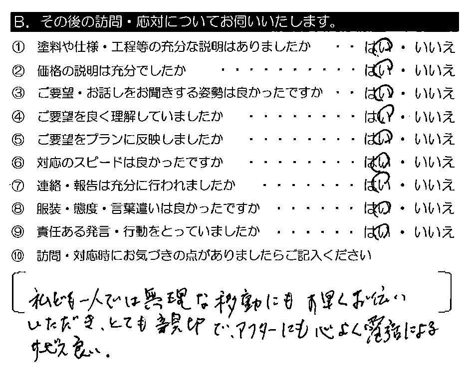 私ども一人では無理な移動にもす早くお手伝いいただき、とても親切で、アフターにも心よく電話によるサービス良い。