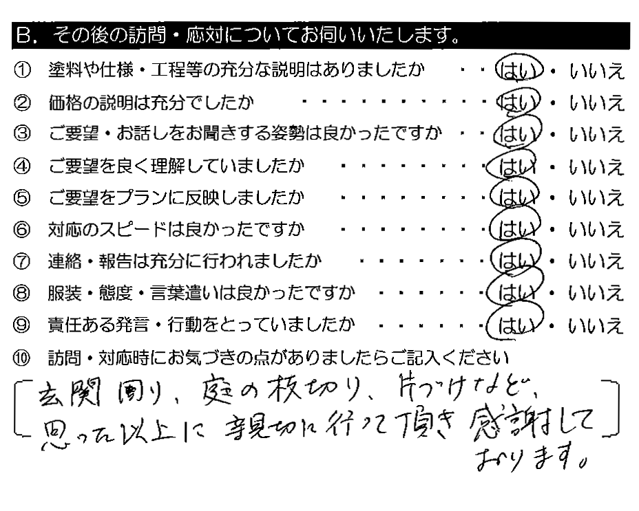 玄関周り・庭の枝切り・片づけなど、思った以上に親切に行って頂き感謝しております。