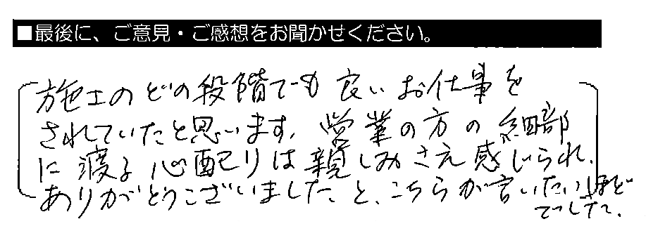 施工のどの段階でも良いお仕事をされていたと思います。営業の方の細部に渡る心配りは親しみさえ感じられ、ありがとうございましたと、こちらから言いたいほどでした。