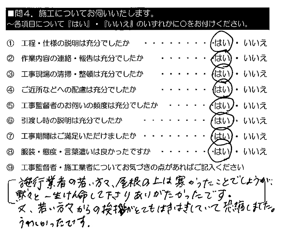 施工業者の若い方々、屋根の上は寒かったことでしょうが、黙々と一生懸命して下さりありがたかったです。又、若い方々からの挨拶がとてもはきはきしていて恐縮しました。うれしかったです。