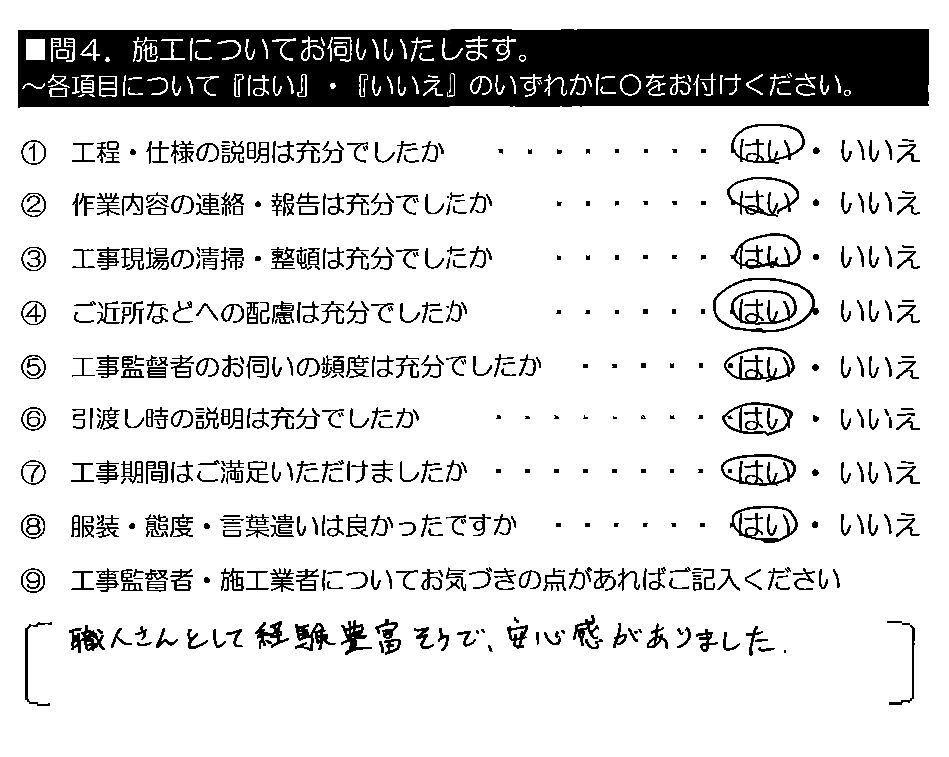 職人さんとして経験豊富そうで、安心感がありました。