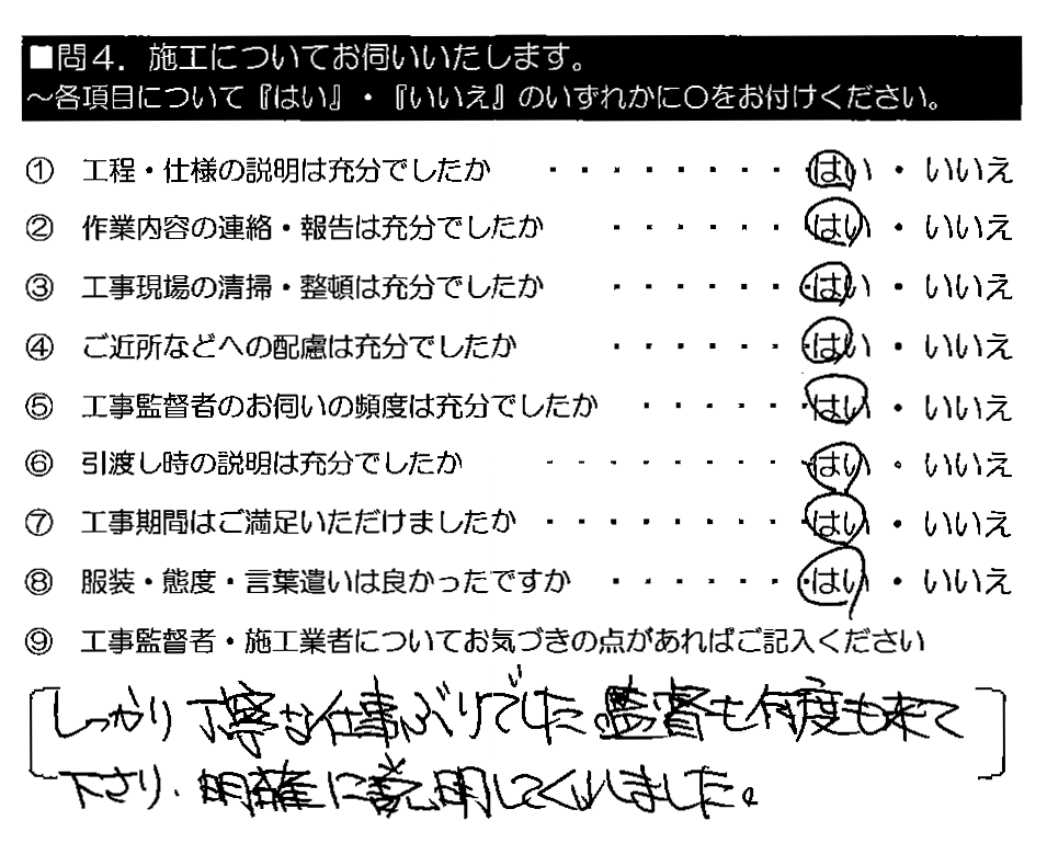 しっかり丁寧な仕事ぶりでした。監督も何度も来て下さり、明確に説明してくれました。