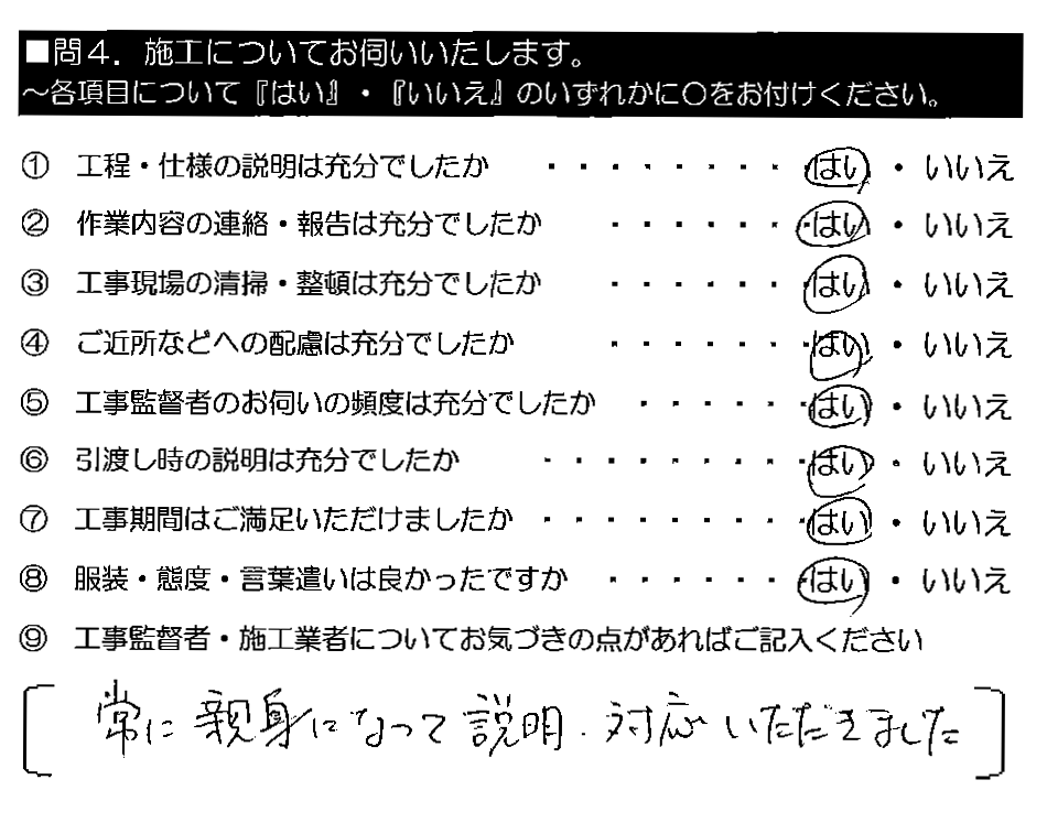 常に親身になって説明・対応いただきました。