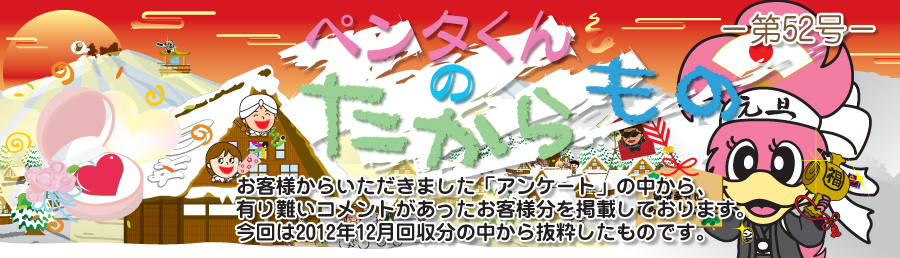 ペンタくんのたからものメイン画像。お客様から頂きました「アンケート」の中から、有り難いコメントがあったお客様分を掲載しています。